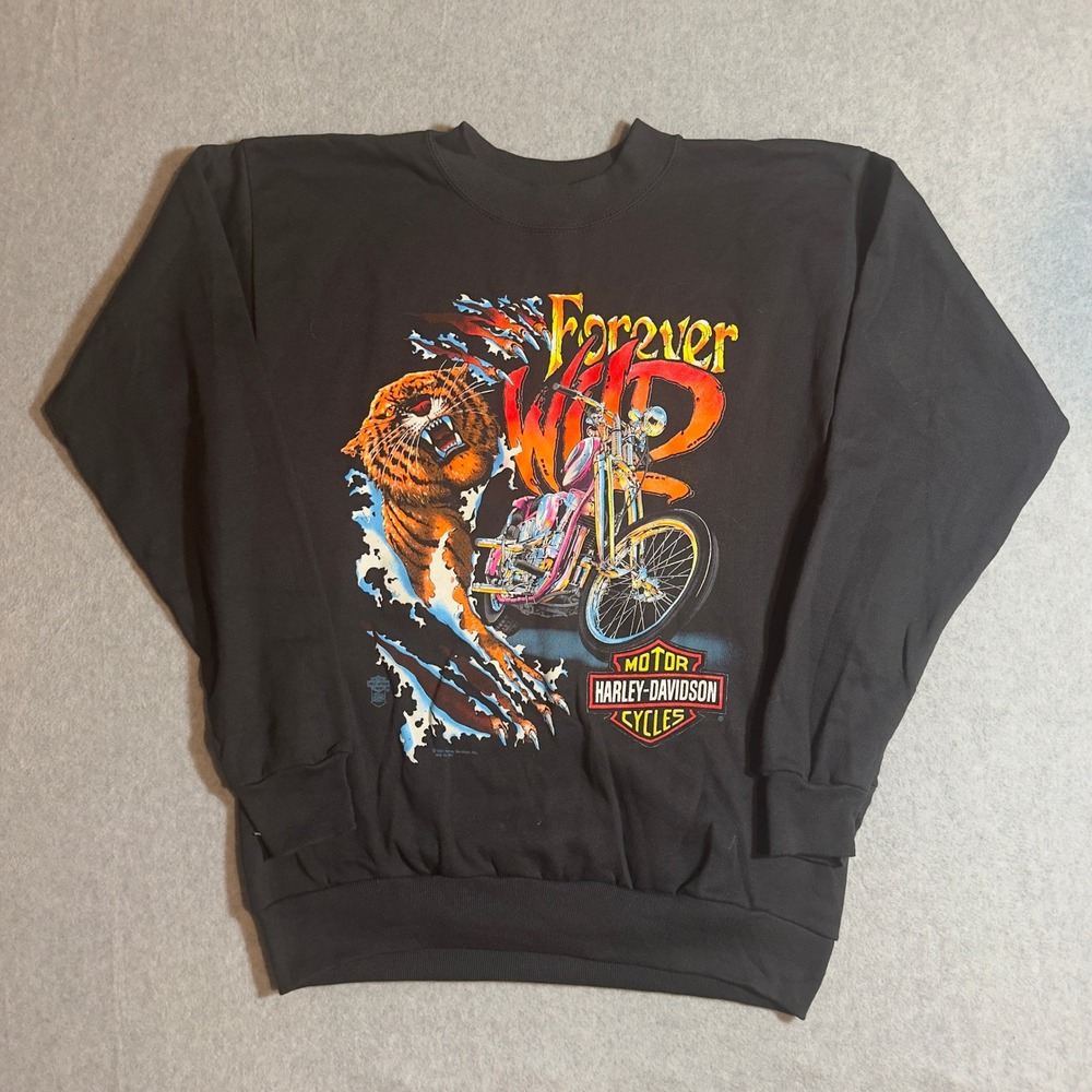 Vintage 1991 Harley Davidson Forever Wild Tiger Sweatshirt Tultex Black Large
